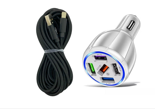 White 5-Port USB Fast Car Charger with LED, 10FT iPhone Cable - Quick - Horizon Bliss