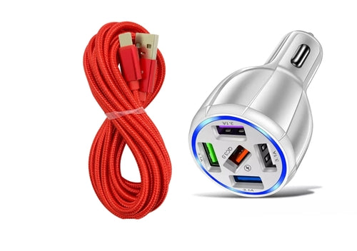 White 5-Port USB Fast Car Charger with LED, 10FT iPhone Cable - Quick - Horizon Bliss