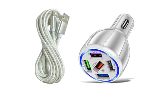 White 5-Port USB Fast Car Charger with LED, 10FT iPhone Cable - Quick - Horizon Bliss