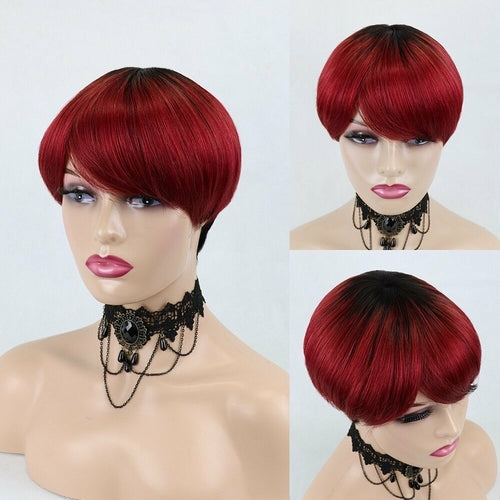 6inch #Burg Pixie Short Cut 100% Straight Human Hair Wig with Bangs Br - Horizon Bliss