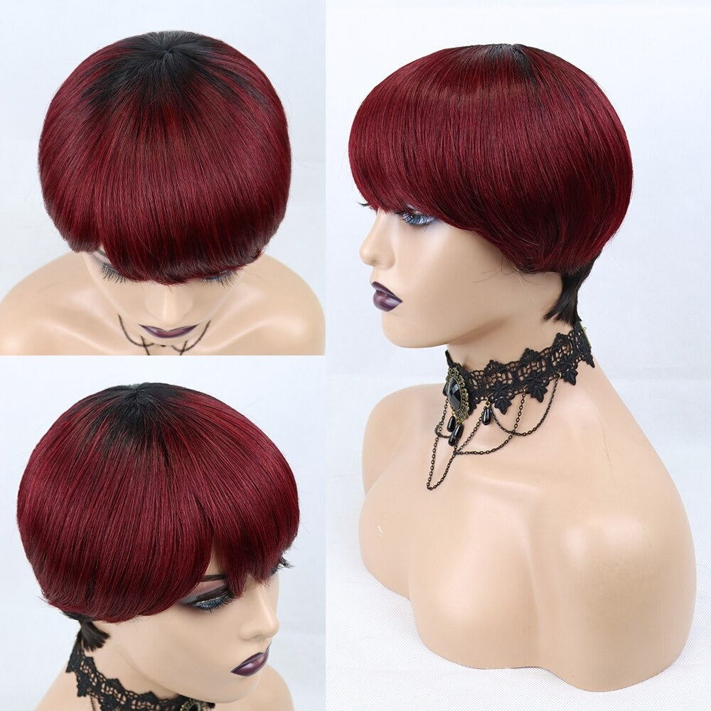 6inch #Burg Pixie Short Cut 100% Straight Human Hair Wig with Bangs Br - Horizon Bliss