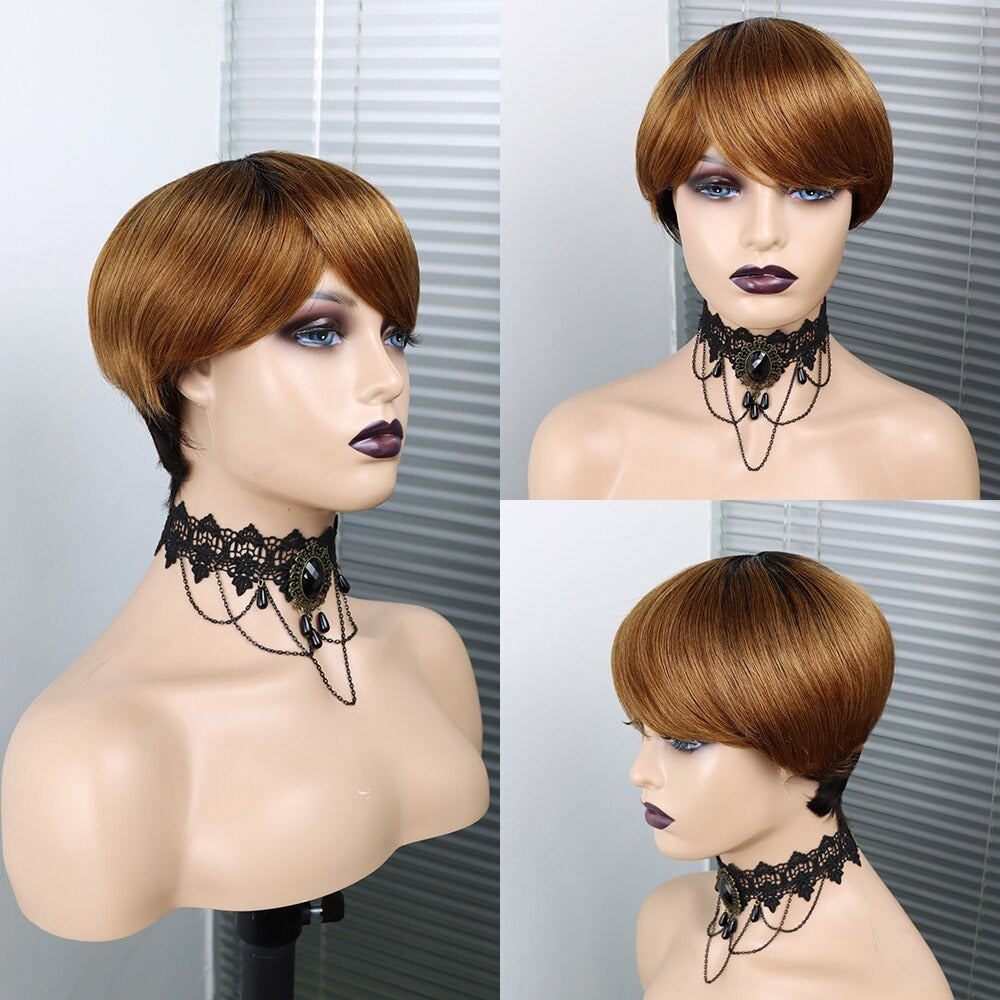 6inch #Burg Pixie Short Cut 100% Straight Human Hair Wig with Bangs Br - Horizon Bliss