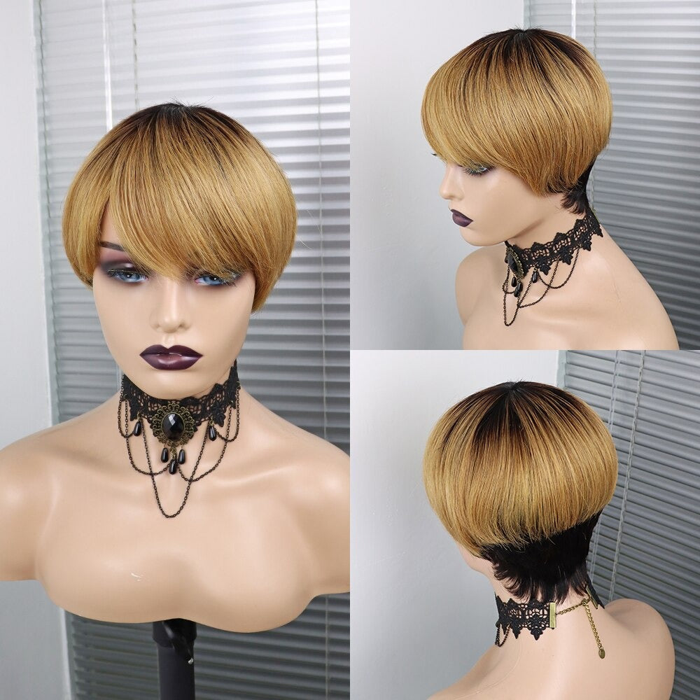 6inch #Burg Pixie Short Cut 100% Straight Human Hair Wig with Bangs Br - Horizon Bliss