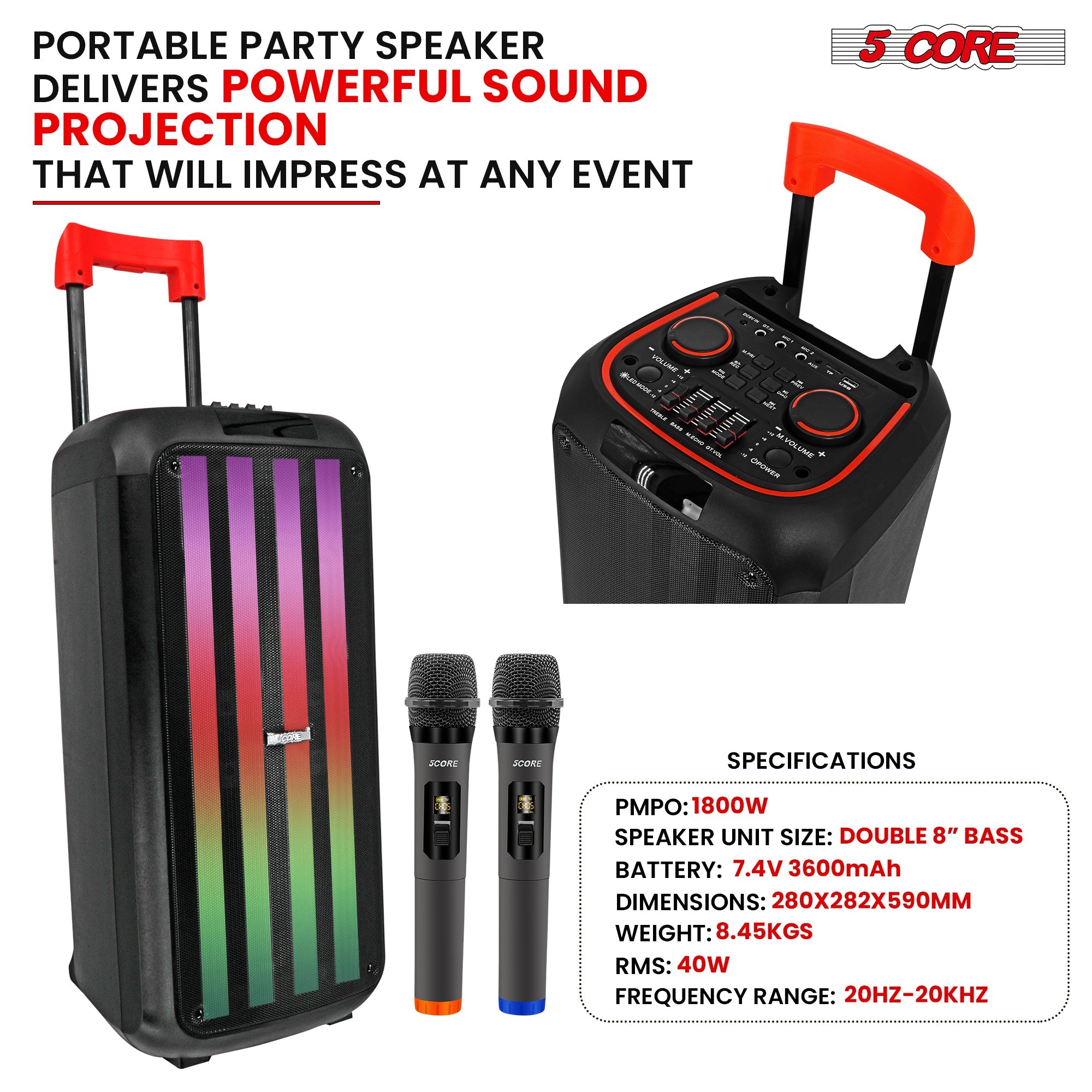 5 Core 8 In Bluetooth Speaker Boom Box Party Karaoke Machine Portable