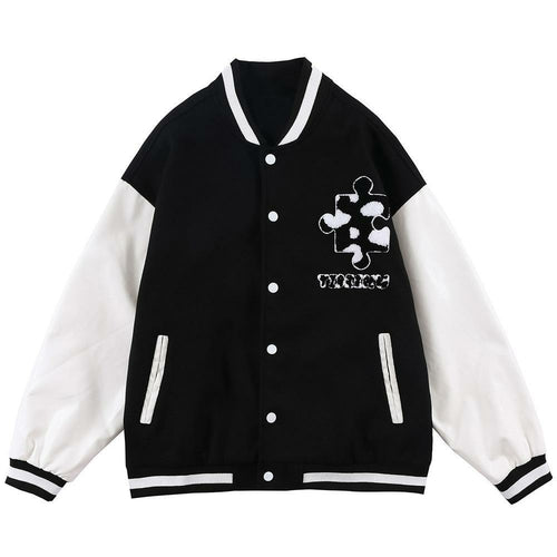 Varsity Jacket Men Cow Print Puzzle Letter Patch Bomber Coats Autumn - Horizon Bliss