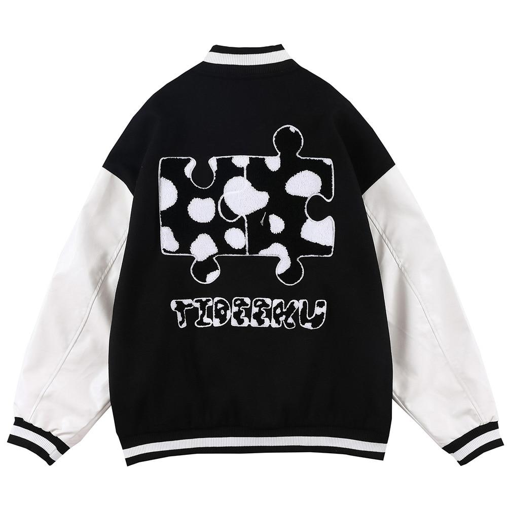 Varsity Jacket Men Cow Print Puzzle Letter Patch Bomber Coats Autumn - Horizon Bliss