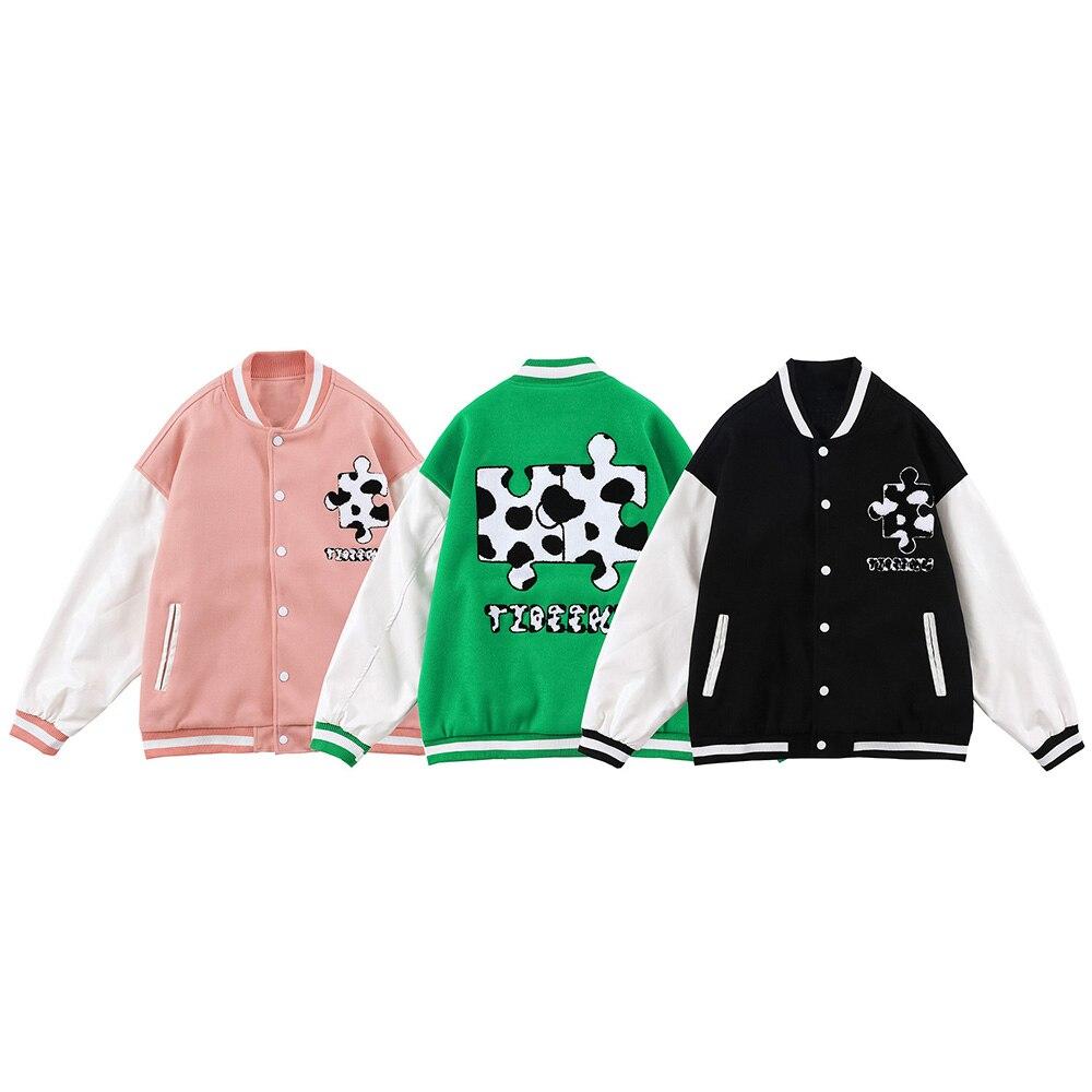 Varsity Jacket Men Cow Print Puzzle Letter Patch Bomber Coats Autumn - Horizon Bliss