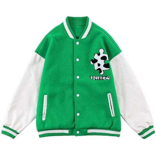 Varsity Jacket Men Cow Print Puzzle Letter Patch Bomber Coats Autumn - Horizon Bliss