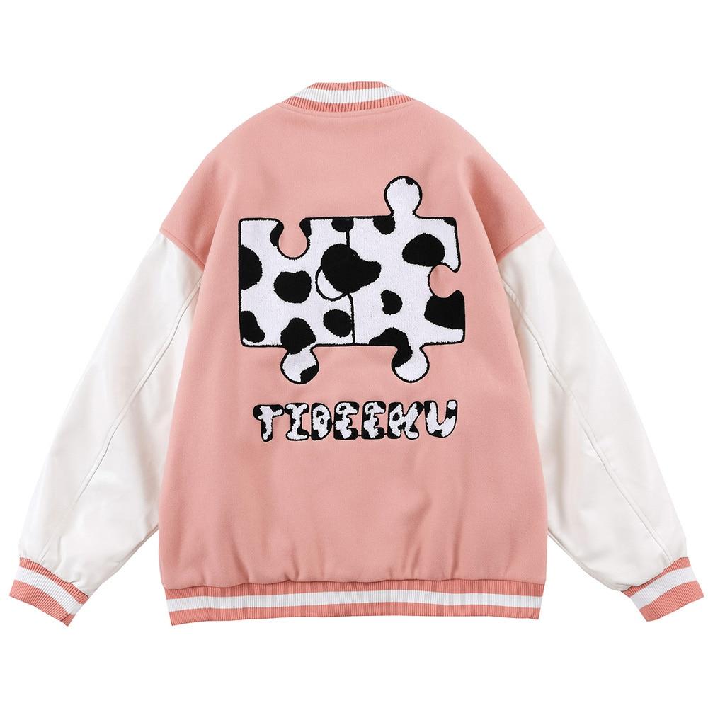 Varsity Jacket Men Cow Print Puzzle Letter Patch Bomber Coats Autumn - Horizon Bliss