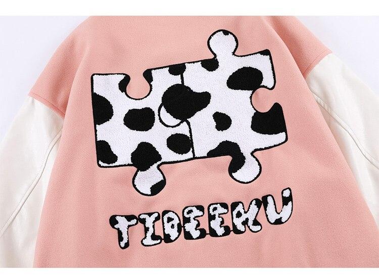 Varsity Jacket Men Cow Print Puzzle Letter Patch Bomber Coats Autumn - Horizon Bliss