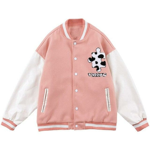 Varsity Jacket Men Cow Print Puzzle Letter Patch Bomber Coats Autumn - Horizon Bliss