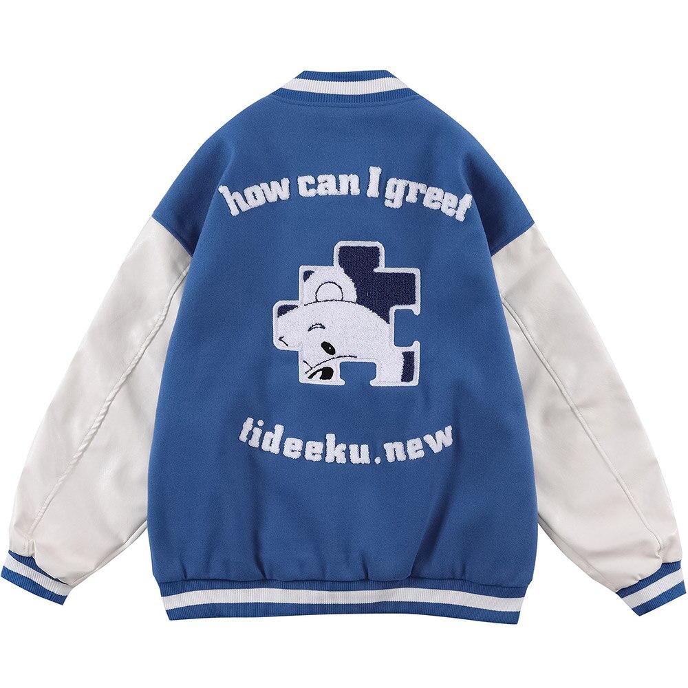 Baseball Jacket Men Furry Bear Patchwork Embroidery Letter Track Coats - Horizon Bliss