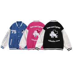 Baseball Jacket Men Furry Bear Patchwork Embroidery Letter Track Coats - Horizon Bliss