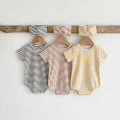 Baby Girls Round Collar Short-Sleeved Stripped Onesies