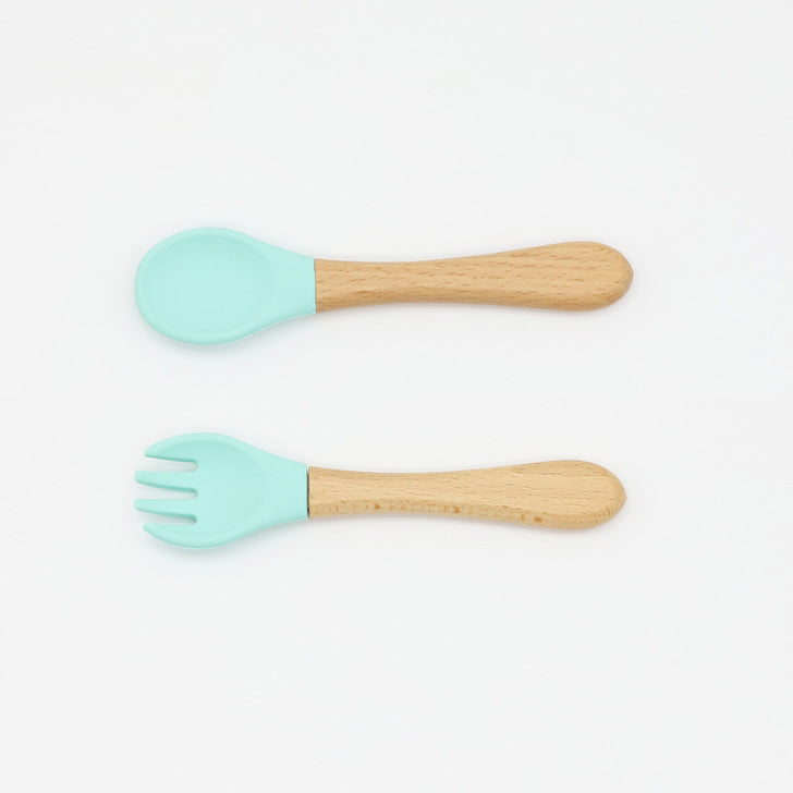 Baby Food Grade Wooden Handles Silicone Spoon Fork Cutlery