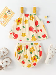 Summer Baby Kids Girls Floral Pattern Sleeveless Strap Top Dress And