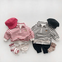 Baby Cute Bear Embroidered & Striped Pattern Polo Neck Cotton Hoodies