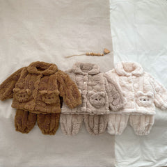 Baby Little Bear Plush Cardigan Combo Long Pants Sets In Winter