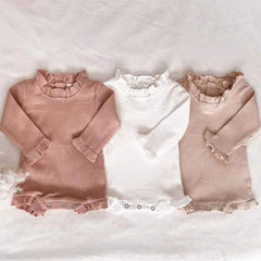 Baby Girl Wood Ear Design Solid Color Long-Sleeved Round Collar Tops