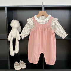 Floral Pattern Blouses With Pink Overalls Sets