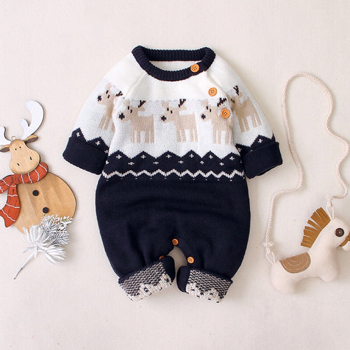 Baby Christmas Giraffe Pattern Shoulder Button Design Sweater Rompers