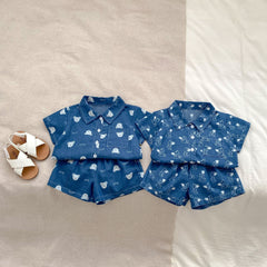 Summer Baby Kids Boys Abstract Cartoon Pattern Denim Turn-Down Collar