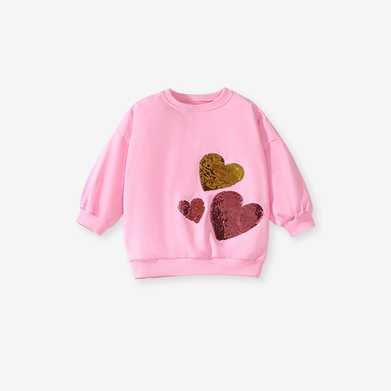 Arrival Spring And Autumn Girls Fashion Sequin Heart Long Sleeves Top