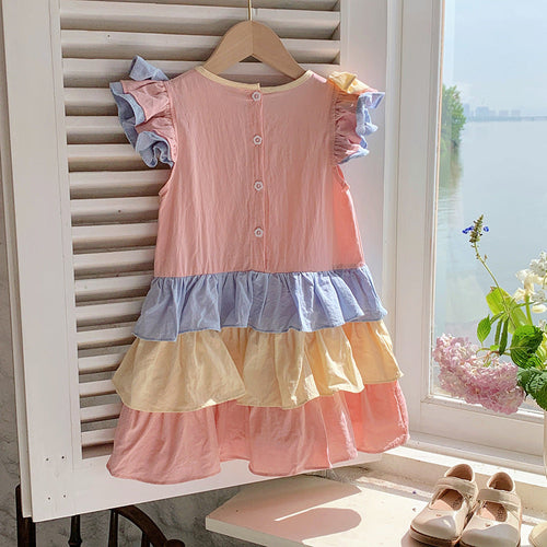 New Design Summer Kids Girls Colorful Color Patchwork Short Sleeves