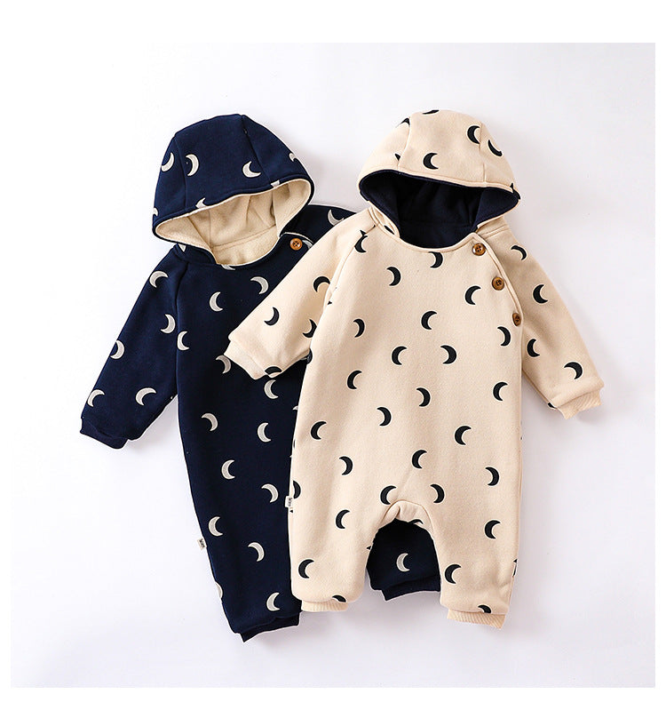 Baby Unisex Moon Print Cotton Padded Thickened Winter Hoodie Romper