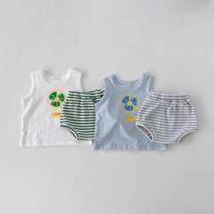 Summer Baby Kids Unisex Cartoon Pattern Top Vest And Striped Bloomers