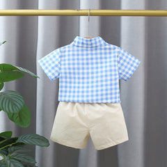 Summer Baby Kids Boys Blue Plaid Pattern Turn-Down Collar Short