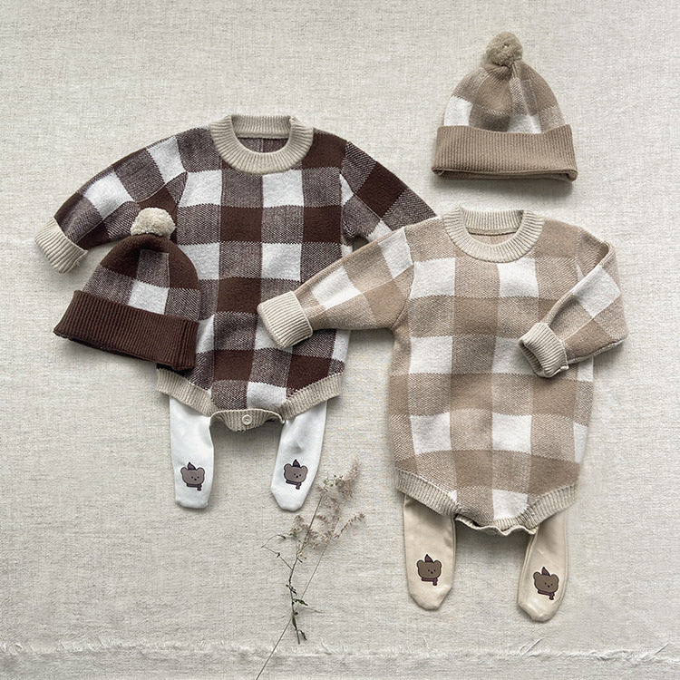 Baby Plaid Graphic Long Sleeve Crewneck Knit Thickened Onesies