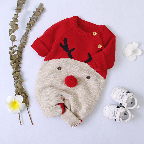 Baby Cartton Pattern Contrast Design Side Button Christmas Knitted