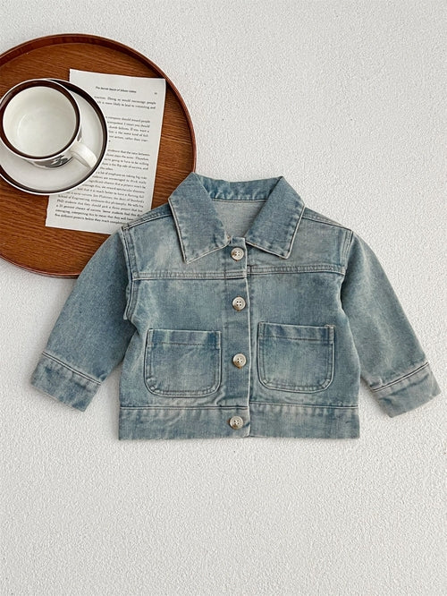 Baby Kids Button Front Design Washed Style Turndown Collar Denim