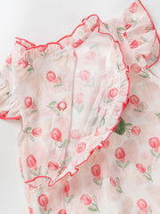 Summer New Design Baby Girls Red Rose Flowers Pattern Fly Sleeves