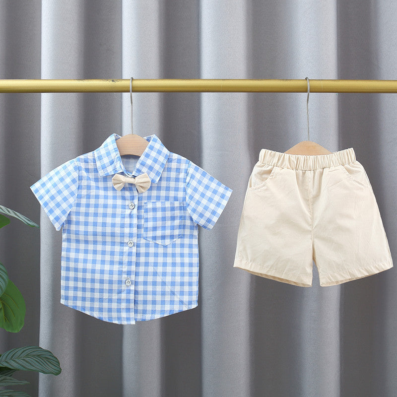 Summer Baby Kids Boys Blue Plaid Pattern Turn-Down Collar Short