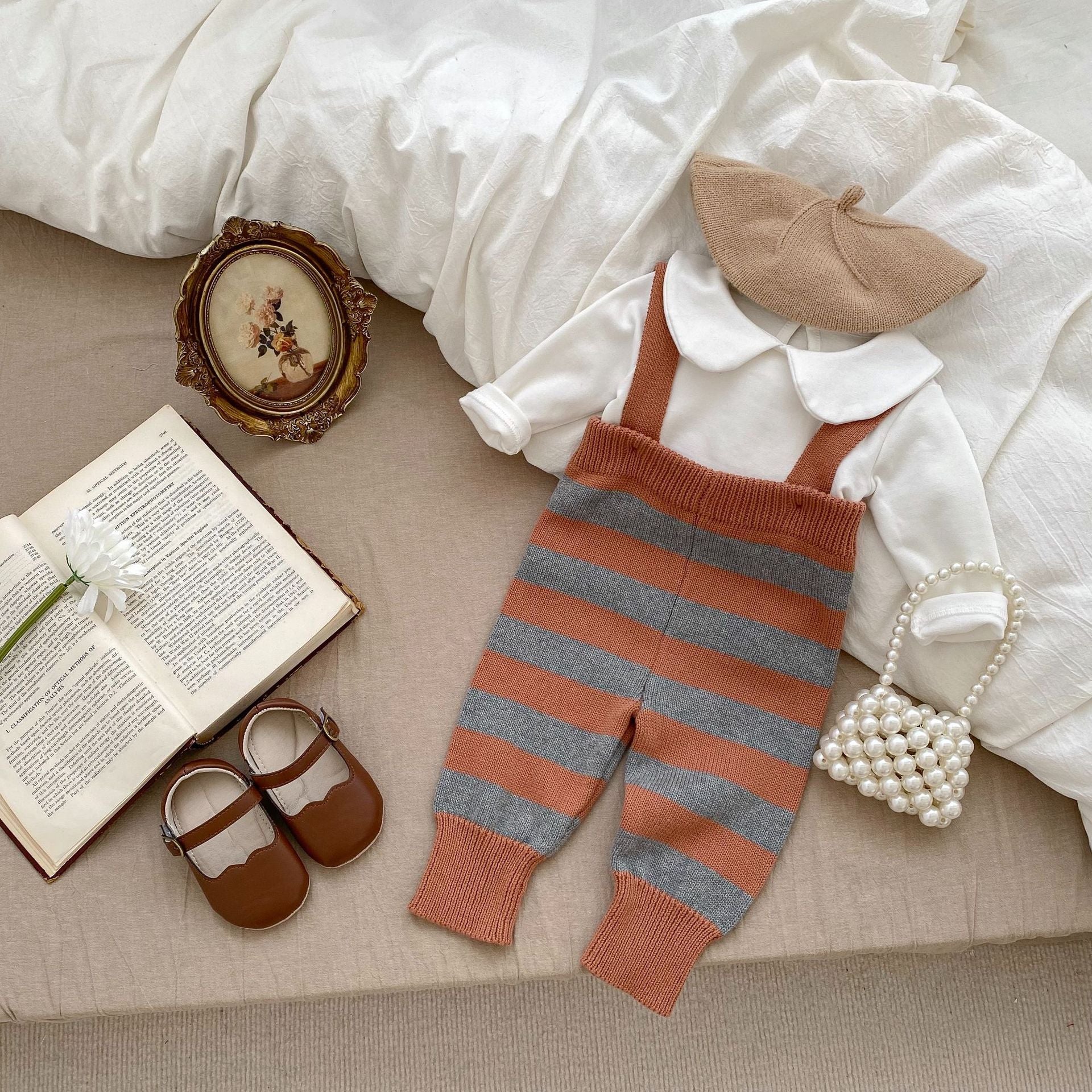 Autumn Newborn Striped Overalls Combo Blouses Sets