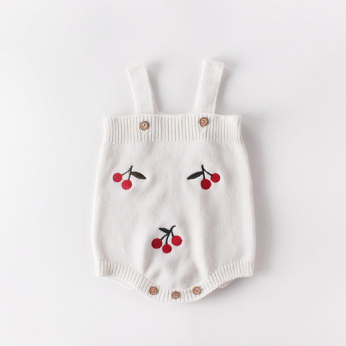 Baby Girl 1pc Cherry Embroidered Graphic Crotch Knitted Bodysuit &