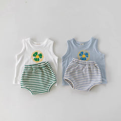 Summer Baby Kids Unisex Cartoon Pattern Top Vest And Striped Bloomers