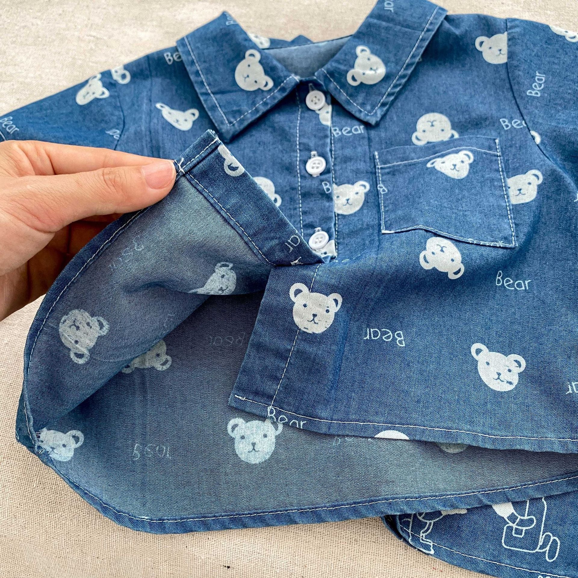 Summer Baby Kids Boys Abstract Cartoon Pattern Denim Turn-Down Collar