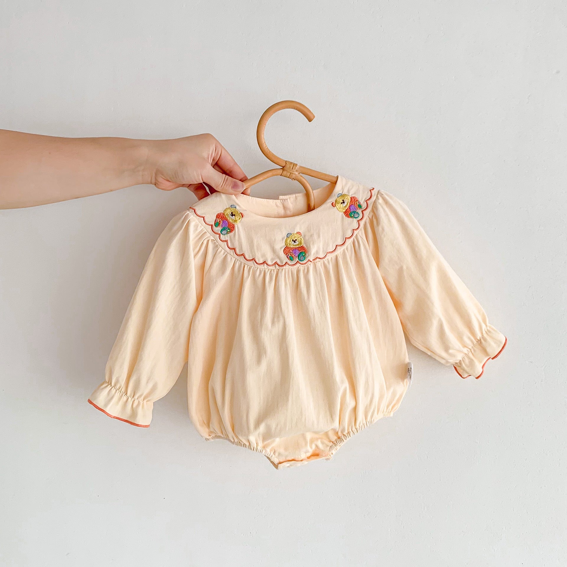 Embroidered Design Long Sleeve Apricot Onesies