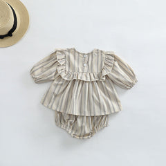 Baby Girl Striped Pattern Shirt Combo Shorts 1 Pieces Sets