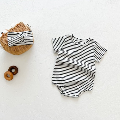 Baby Girls Round Collar Short-Sleeved Stripped Onesies