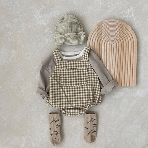 Baby Solid Color & Plaid Pattern Corduroy Fabric Strap Bodysuit