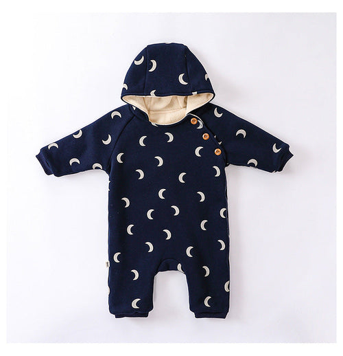 Baby Unisex Moon Print Cotton Padded Thickened Winter Hoodie Romper