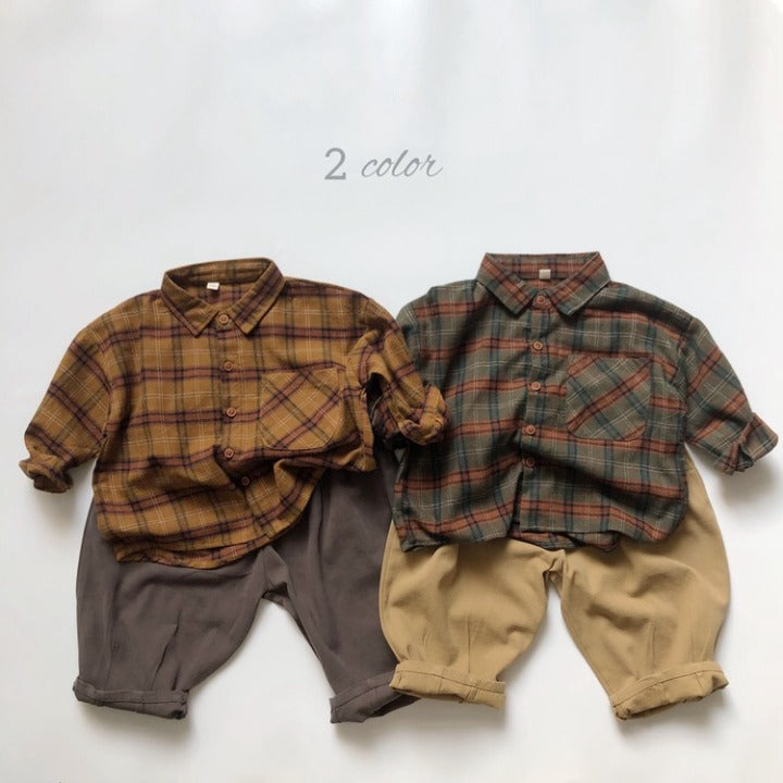 Baby Plaid Pattern Vintage Style Lapel Design Shirt