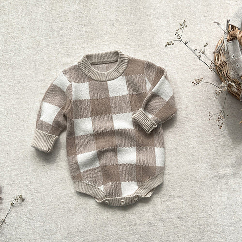 Baby Plaid Graphic Long Sleeve Crewneck Knit Thickened Onesies