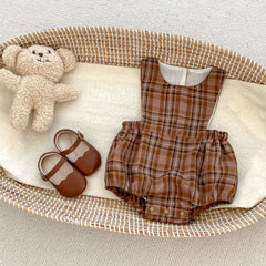 Vintage Style Plaid Pattern Strap Onesie With Shirt Sets