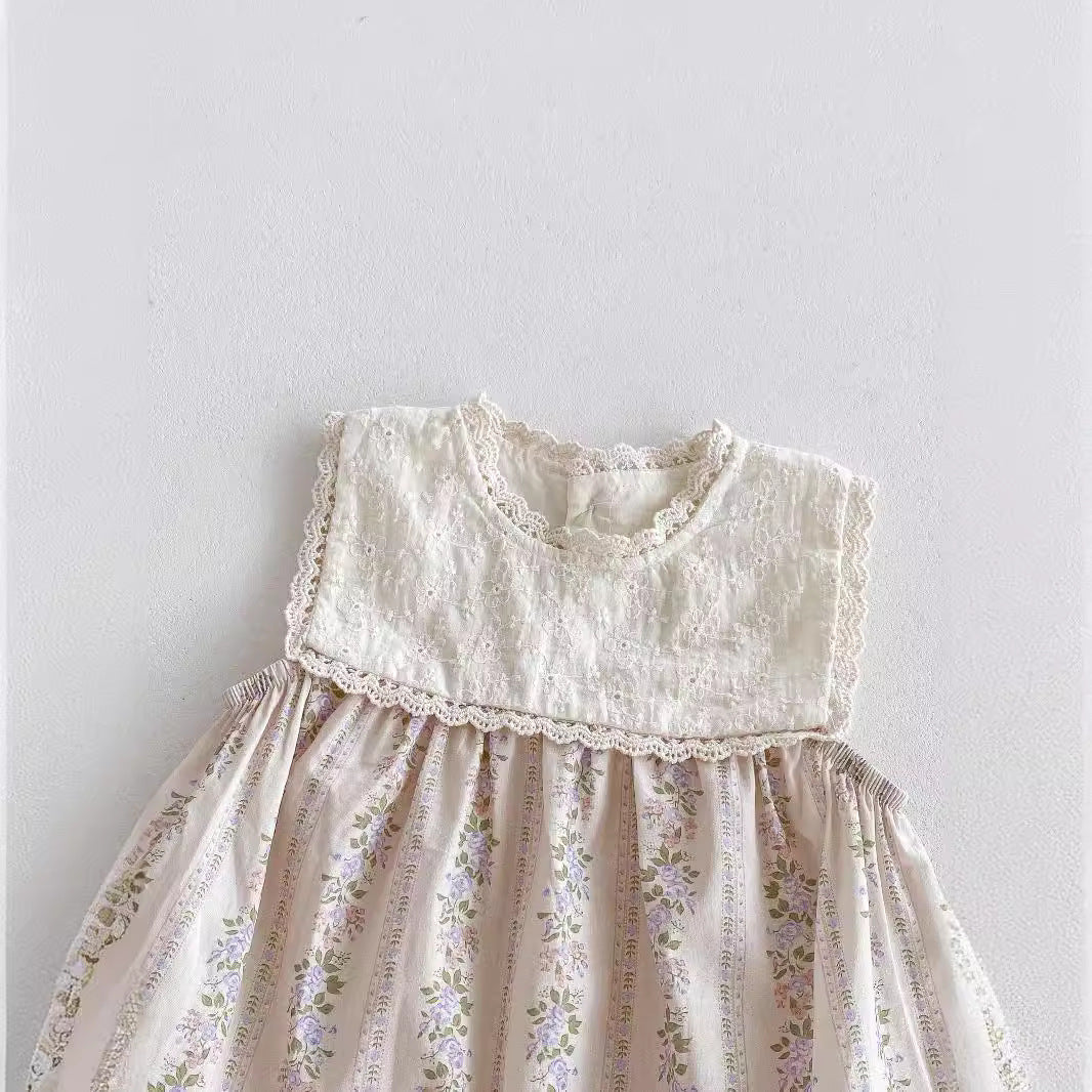 New Design Summer Baby Kids Girls Floral Pattern Ruffle Lace Neck