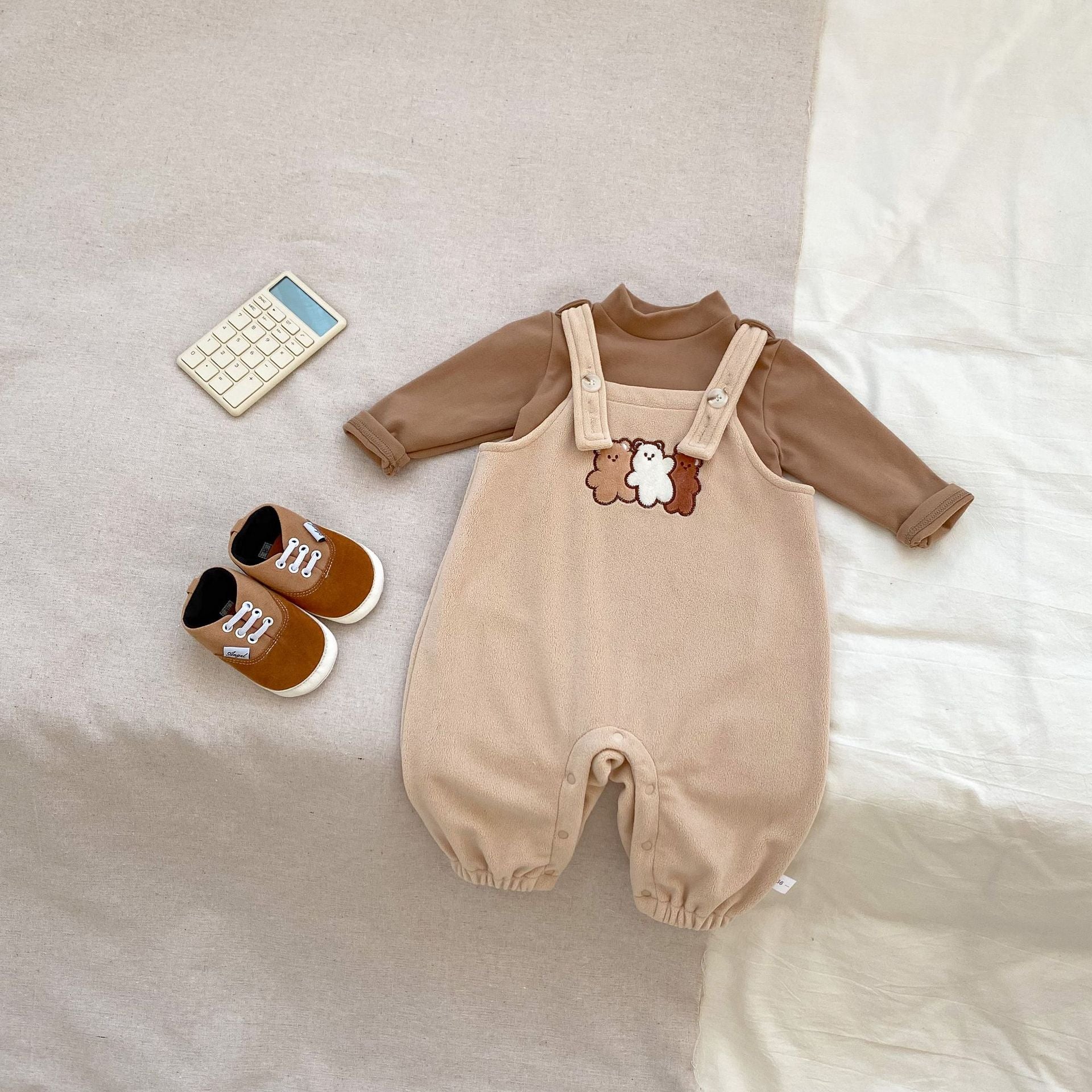 Winter Baby Unisex Basic Top and Teddy Cartoon Overalls Romper